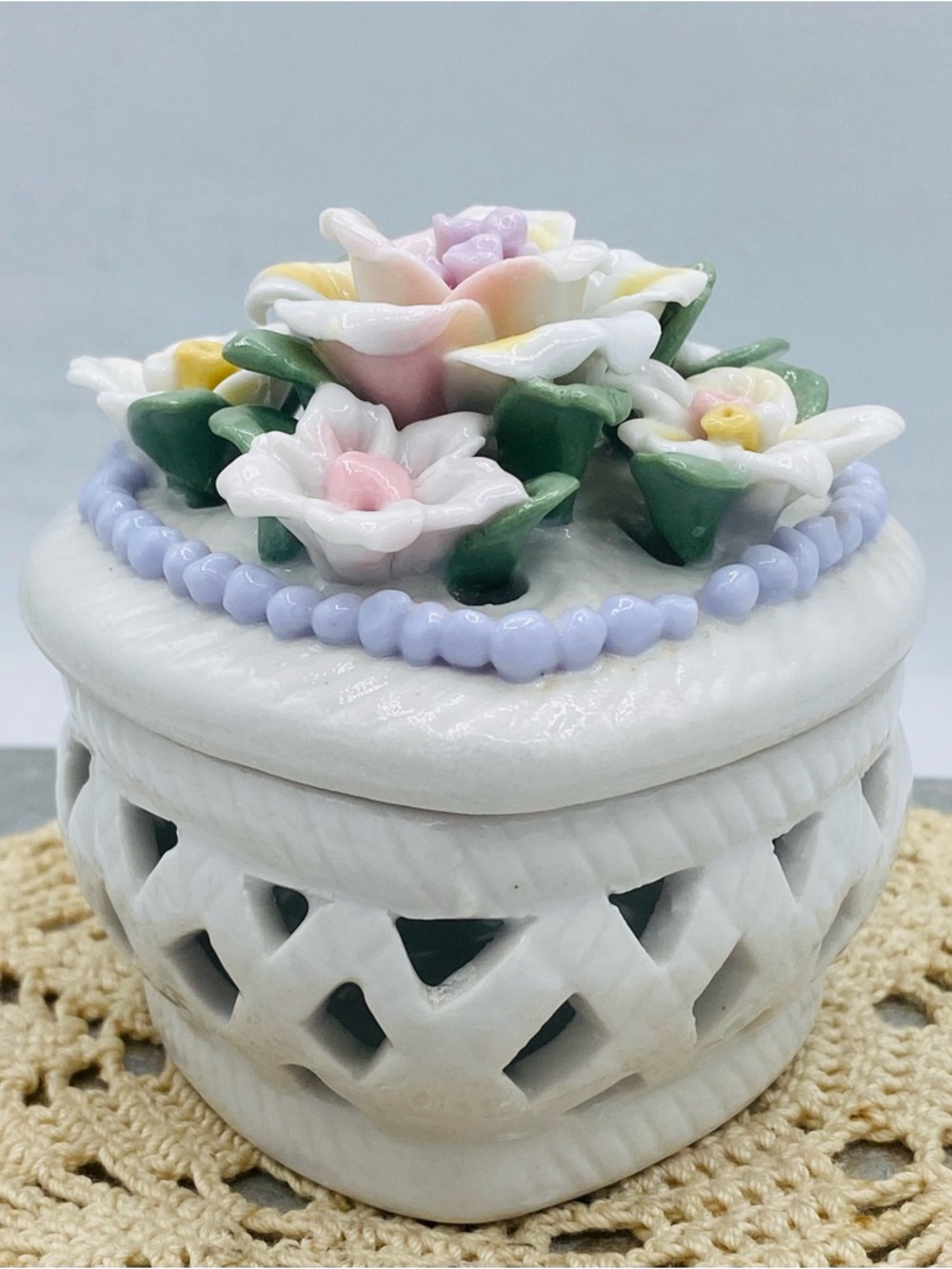 Vintage Porcelain Floral Trinket Box With Raised  Hand-Painted Pastel Flowers